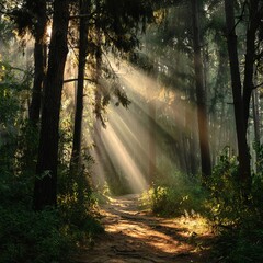 Obraz premium Serene forest path with sun rays breaking through trees, balanced composition for desktop layout 