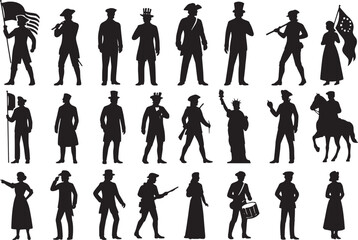 A collection of 25 black silhouette illustrations featuring historical figures, including soldiers, civilians, and riders with flags, hats, and instruments, set against a white background, 
