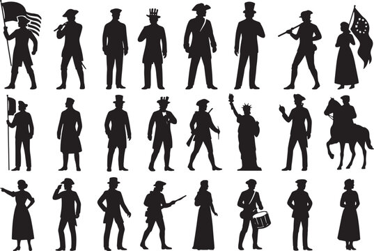 A collection of 25 black silhouette illustrations featuring historical figures, including soldiers, civilians, and riders with flags, hats, and instruments, set against a white background, 