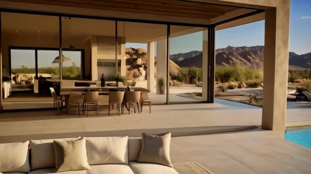 Modern desert home exterior and interior design showcasing indoor outdoor living with pool, mountain views, patio, and open concept floorplan.
