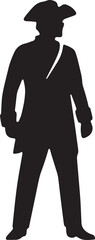 Black silhouette of a man in a tricorn hat and coat, standing with authority, great for revolutionary war or historical art projects