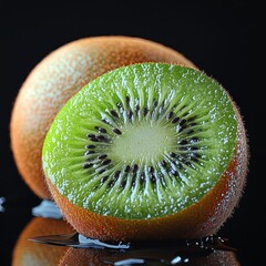 Realistic kiwi fruit lies on a black background