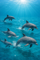 Obraz premium Playful Dolphins Swimming in Crystal-Clear Ocean