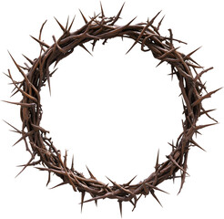 A detailed crown of thorns with sharp spikes intricately intertwined, symbolizing sacrifice and suffering isolated on a transparent background, cut out	