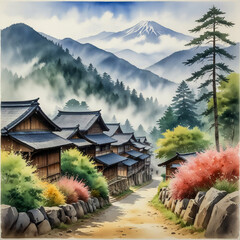 A tranquil watercolor of the Kiso Valley in Japan, featuring the historic Nakasendo trail lined with preserved Edo-period wooden buildings, forested mountains in the distance, and a gentle mist rising