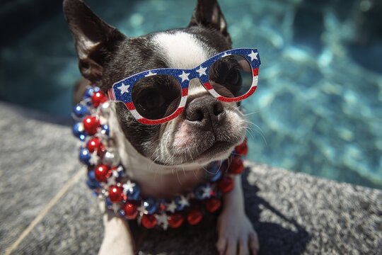 Cute Boston Terrier Dog Wearing Fourth of July Stars and Stripes Sunglasses and Necklace. High quality - Powered by Adobe
