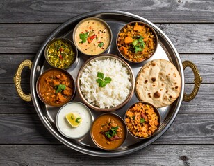 Authentic Indian Rajasthani thali plate featuring a vibrant assortment of traditional dishes. Served on a round stainless steel platter with colorful accompaniments on wooden table