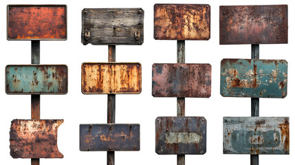 Old rusty metal signs collection weathered vintage signboards texture background design template transparent background png