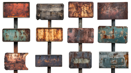 Old rusty metal signs collection weathered vintage signboards texture background design template transparent background png