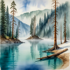 Watercolor depiction of Lake Kaindy in Kazakhstan, with its sunken forest — eerie tree trunks rising from the icy turquoise water, surrounded by steep pine-covered cliffs and early morning fog.