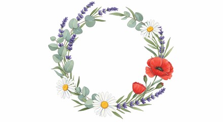 Naklejka premium Floral Wreath Design Elegant Lavender, Poppy, and Daisy Circle Frame