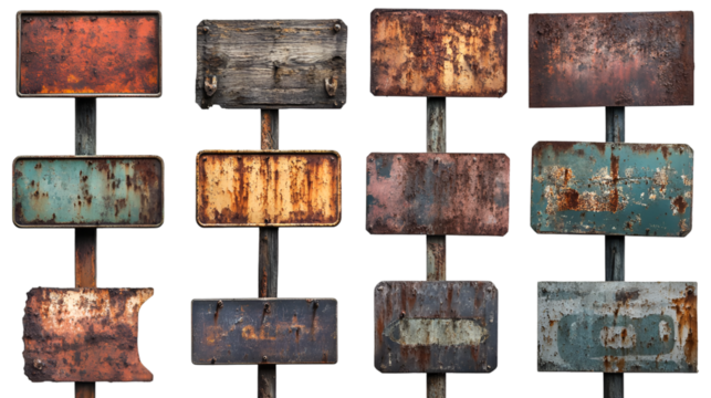 Old rusty metal signs collection weathered vintage signboards texture background design template transparent background png