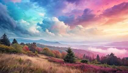 Fototapeta premium Vibrant Autumn Landscape Colorful Sunset over Misty Mountains