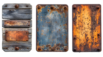 Aged metal textures rusted panels weathered wood backgrounds for graphic design and web design projects transparent background png