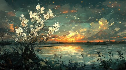 Serene River Sunset with Blooming White Tree and Glowing Sky