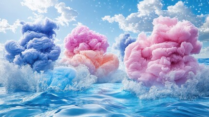 Vivid Pastel Cloud Bursts Rising From Ocean Under Sparkling Sky