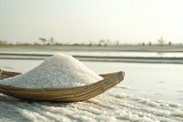 Minimal Thai traditional salt production image, geometric lines and soft tones, styled for cultural branding and documentation