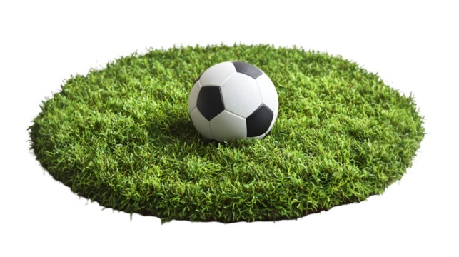 Soccer ball on green grass background for sports and recreation concept image and football game design element transparent background png