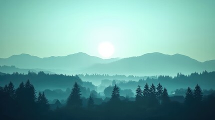Peaceful Turquoise Morning Over Hills and Pine Forest Silhouettes