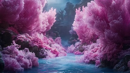Dreamlike Pink Coral Forest with Tranquil Blue Stream in Fantasy Underwater Scene