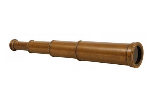 Vintage brass telescope resting horizontally, displaying weathered patina against transparent backdrop