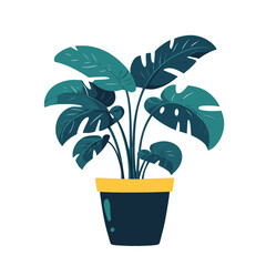 Monstera houseplant in yellow flowerpot, Colorful illustration of a Monstera plant with large split leaves in a bright yellow pot, ideal for home decor or botanical themes.

