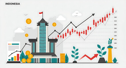 Naklejka premium Illustration showing the Indonesian economy rising, represented by a building, charts, arrows, and plant growth.