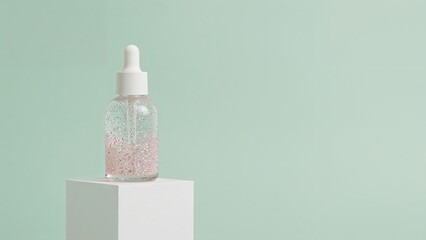 Pastel Cosmetic Serum Dropper with Glitter – Luxury Skincare Bottle on Minimal Pedestal , Minimal Pastel Glitter Serum Dropper – Luxurious Skincare Bottle on Soft Beige Pedesta
