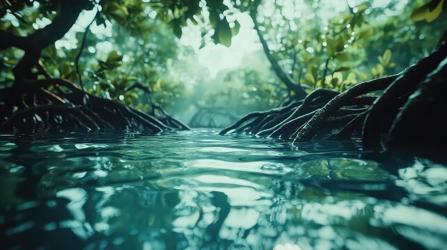 Mangrove roots in tide with reflection depth natural texture and ecosystem focus perfect for environmental themes