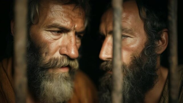 Intense close-ups of two bearded men behind bars. Paul in Silas in prison from the book of Acts in the bible.