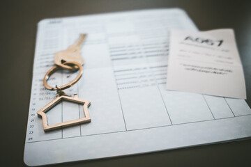 The key and house symbol is superimposed on the bank account book related to the home loan and home installment payment.