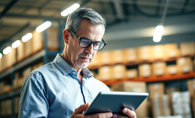 A man stands in a warehouse with a tablet computer, checking inventory statements for the presence of goods. The concept of logistics, supply chain management, and digital inventory control.