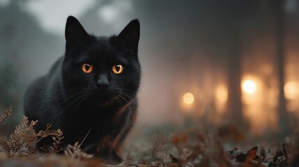 Black Cat with Glowing Eyes in Fog/霧の中の輝く目の黒猫6