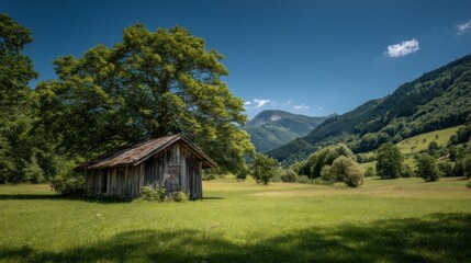 Fototapeta premium Wooden shed in a grassy meadow mountains in background