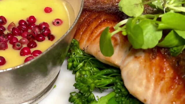 Salmon fillet with crisp skin, served with tenderstem broccoli, microgreens and creamy peppercorn sauce in London, slow motion
