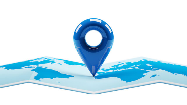 Blue location pin on a stylized world map demonstrating global positioning system with black background