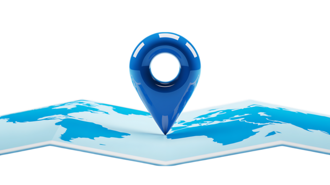 Blue location pin on a stylized world map demonstrating global positioning system with black background
