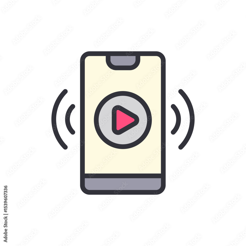 Poster modern smartphone displaying a play button icon and transmitting signal