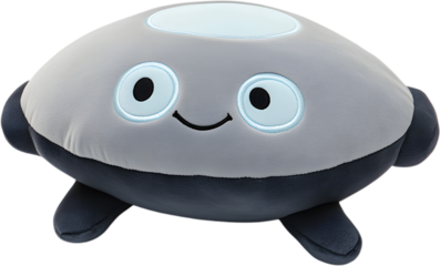 Plush toy shaped like a grey UFO with light blue circular details and a smiling face isolated on a transparent background, cut out	