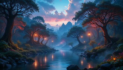 Fantasy Forest River Landscape at Sunset with Glowing Lanterns and Misty Mountains &ndash; Enchanted Nature Background for Wallpapers, Storybooks, and Digital Art Projects