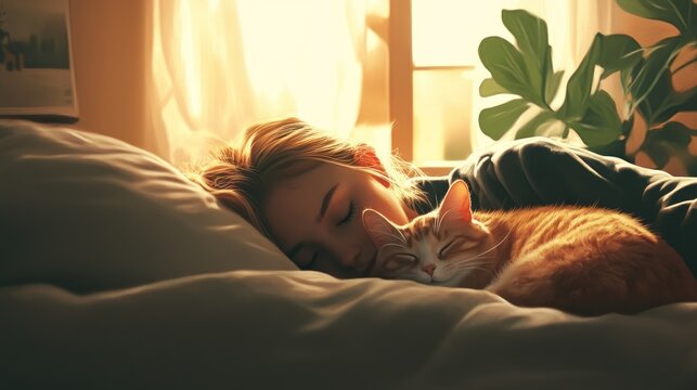 Serene slumber: Woman and ginger cat peacefully napping in warm sunlight