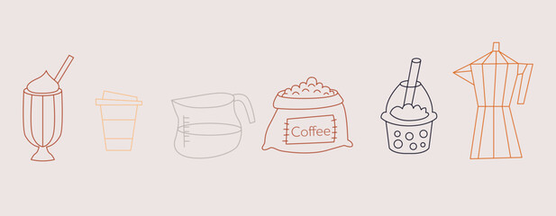 Set of doodle art with coffee mugs and utensils. Collection of coffee illustrations and icons. Cafe and coffee shop design. Modern minimalist sketch art. Perfect for coffee stores, prints, stickers