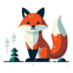 Obraz premium stylized fox sitting amongst small evergreen trees. Ideal for nature blogs, children's content, or themes related to the wilderness and animal illustrations