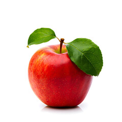 Red apple with leaf isolated on white background