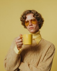 Retro 70s Style Young Man with Yellow Mug and Tinted Glasses in Monochromatic Vintage Coffee Culture Setting for Modern Lifestyle Branding