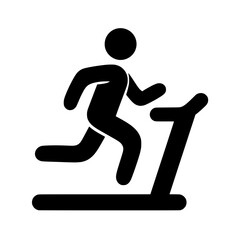 Treadmill running icon in black silhouette, Simple black symbol of a person jogging on a treadmill, representing fitness, exercise, gym activity, or cardio workout.

