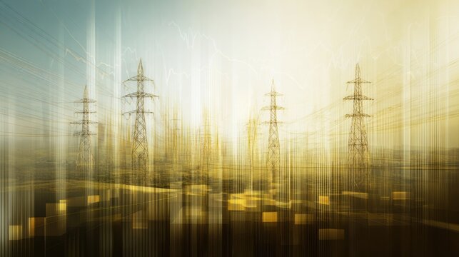 High Voltage Electricity Transmission Grids with Digital Stock Market Graph Overlay Illustrating Power Market Volatility and Energy Sector Investment Trends