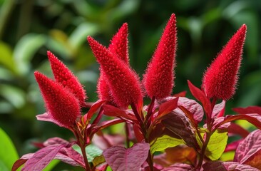 Close-up of vibrant red flower spikes, fuzzy texture
