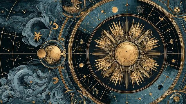 Intricate Astrological Chart with Celestial Bodies and Zodiac Signs Animation Loop