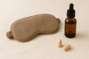 Sleep mask, essential oil dropper bottle and earplugs - tranquil sleep essentials in soft tones
